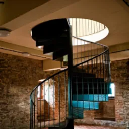 Metalowe schody spiralne z ażurową balustradą, prowadzące w górę przez okrągły otwór w stropie, w surowym wnętrzu z ceglanymi ścianami i terakotową podłogą.