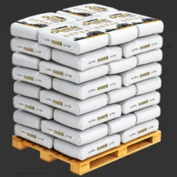 Paleta z ułożonymi workami białego ekogroszku Ultra Ogień, widoczne logo i informacja o wadze 25 kg na każdym worku.