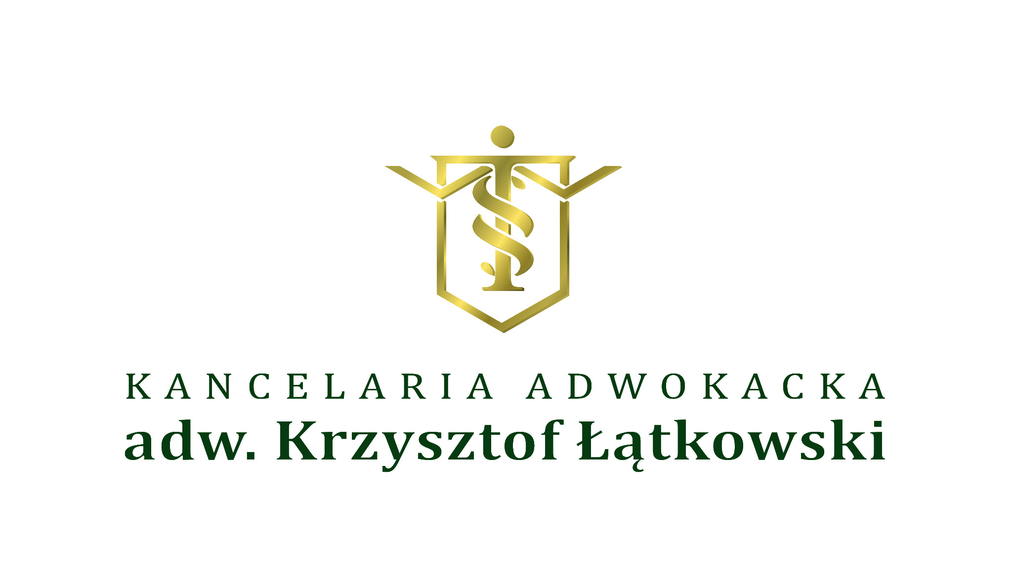 Złote logo kancelarii adwokackiej z symbolem paragrafu wkomponowanym w tarczę, pod nim nazwa 'KANCELARIA ADWOKACKA' i imię i nazwisko adwokata 'adw. Krzysztof Łątkowski' w kolorze ciemnozielonym.