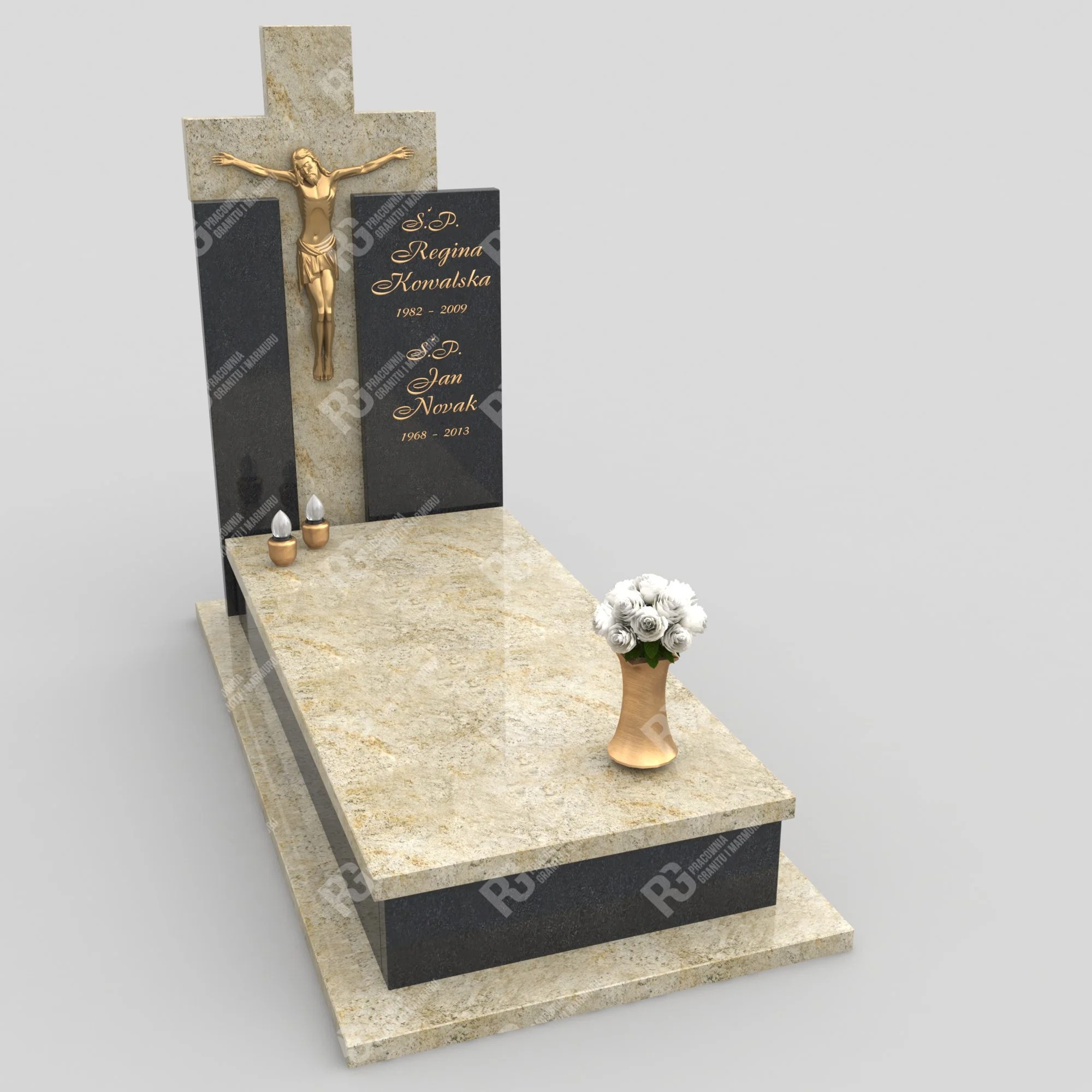 Wizualizacja nagrobka z jasnego kamienia z ciemnymi tablicami nagrobnymi, zdobionego złotym krucyfiksem i wazonem z białymi różami, oświetlonego sztucznym światłem z dwóch małych lampek.