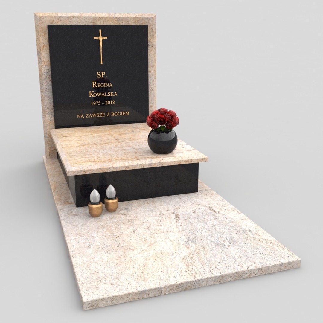 Elegancki nagrobek z jasnego kamienia z czarną tablicą, złotym krzyżem i inskrypcją, ozdobiony czerwonymi różami w czarnym wazonie i dwoma zniczami.