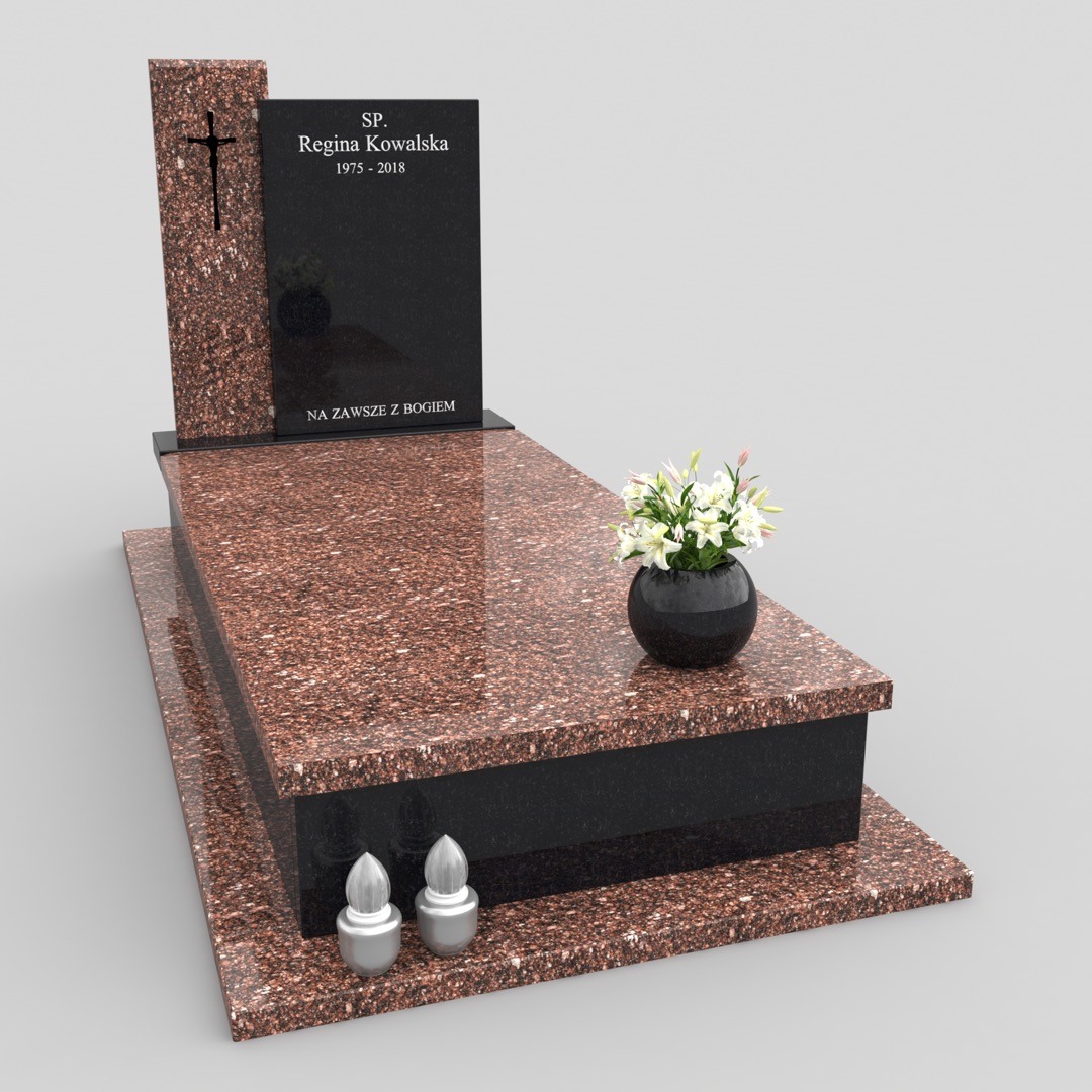 Wizualizacja nagrobka z czerwonego granitu z czarną tablicą, na której widnieją dane zmarłej osoby oraz napis 'Na zawsze z Bogiem'. Na nagrobku stoi czarny wazon z białymi kwiatami, a u podstawy...