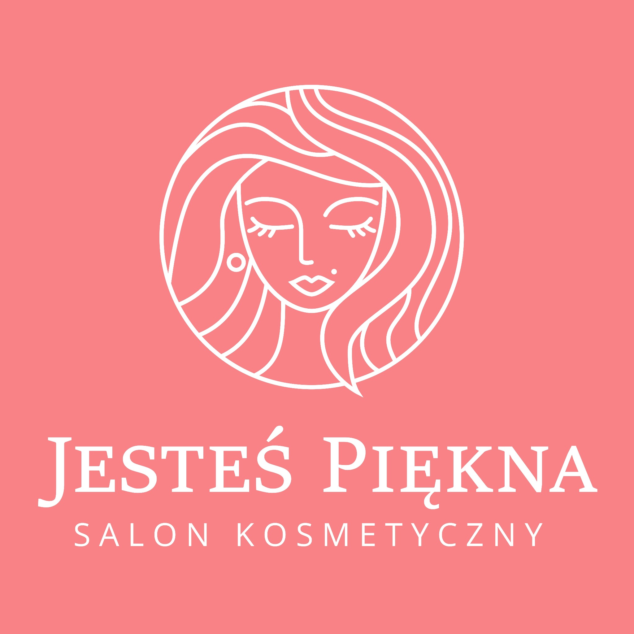 Logo salonu kosmetycznego z minimalistyczną grafiką twarzy kobiety w okręgu i napisem 'Jesteś Piękna Salon Kosmetyczny' na koralowym tle.