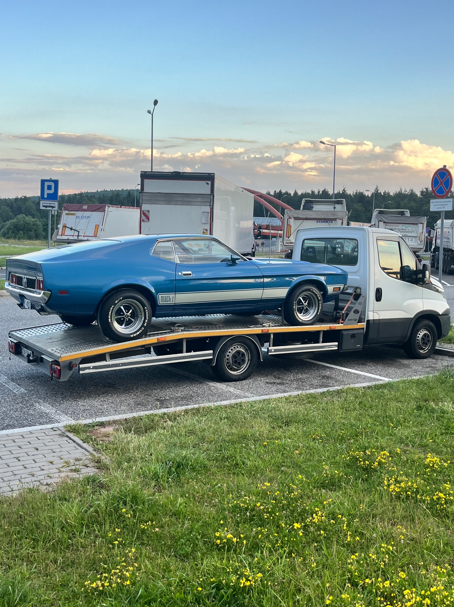 Niebieski Ford Mustang Mach 1 z 1971 roku na lawecie w plenerze. W tle inne pojazdy i zieleń. Ujęcie z boku, wczesny wieczór.