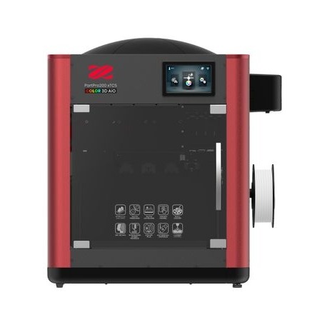 Nowoczesna drukarka 3D PortPro200 xTCS COLOR 3D AIO w obudowie czerwono-czarnej, z rolką filamentu po prawej stronie i dotykowym panelem sterowania u góry.