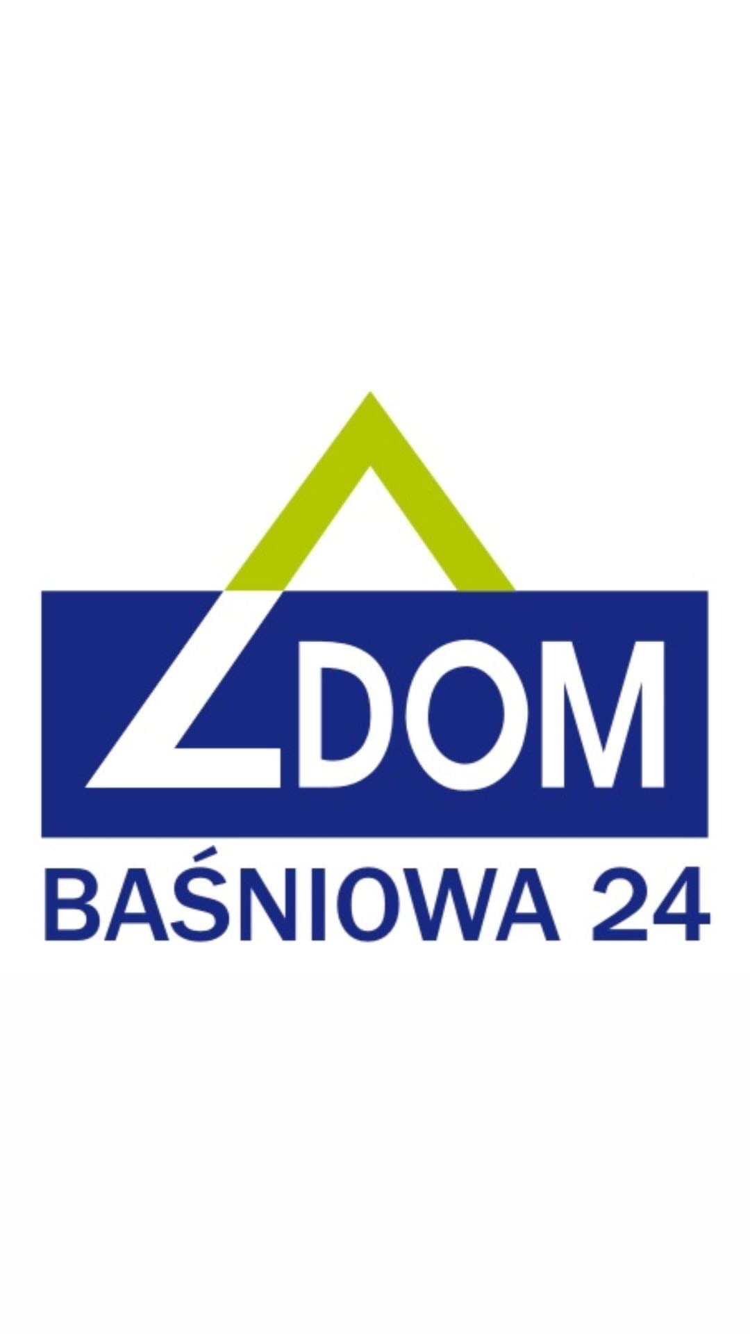 Logo firmy z nazwą 'DOM' w niebieskim prostokącie z zielonym trójkątem powyżej, adres 'Baśniowa 24' poniżej.