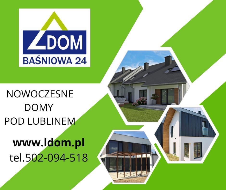 Grafika reklamowa prezentująca logo firmy 'LDOM' z adresem 'Baśniowa 24', hasłem 'Nowoczesne domy pod Lublinem', adresem strony internetowej www.ldom.pl oraz numerem telefonu, a także wizualizacje...
