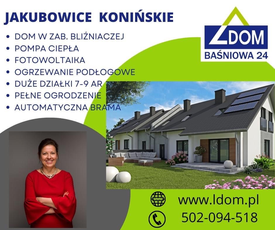 Wizualizacja domów w zabudowie bliźniaczej z panelami fotowoltaicznymi, informacja o ofercie: pompa ciepła, ogrzewanie podłogowe, duże działki, pełne ogrodzenie, automatyczna brama, prezentacja...