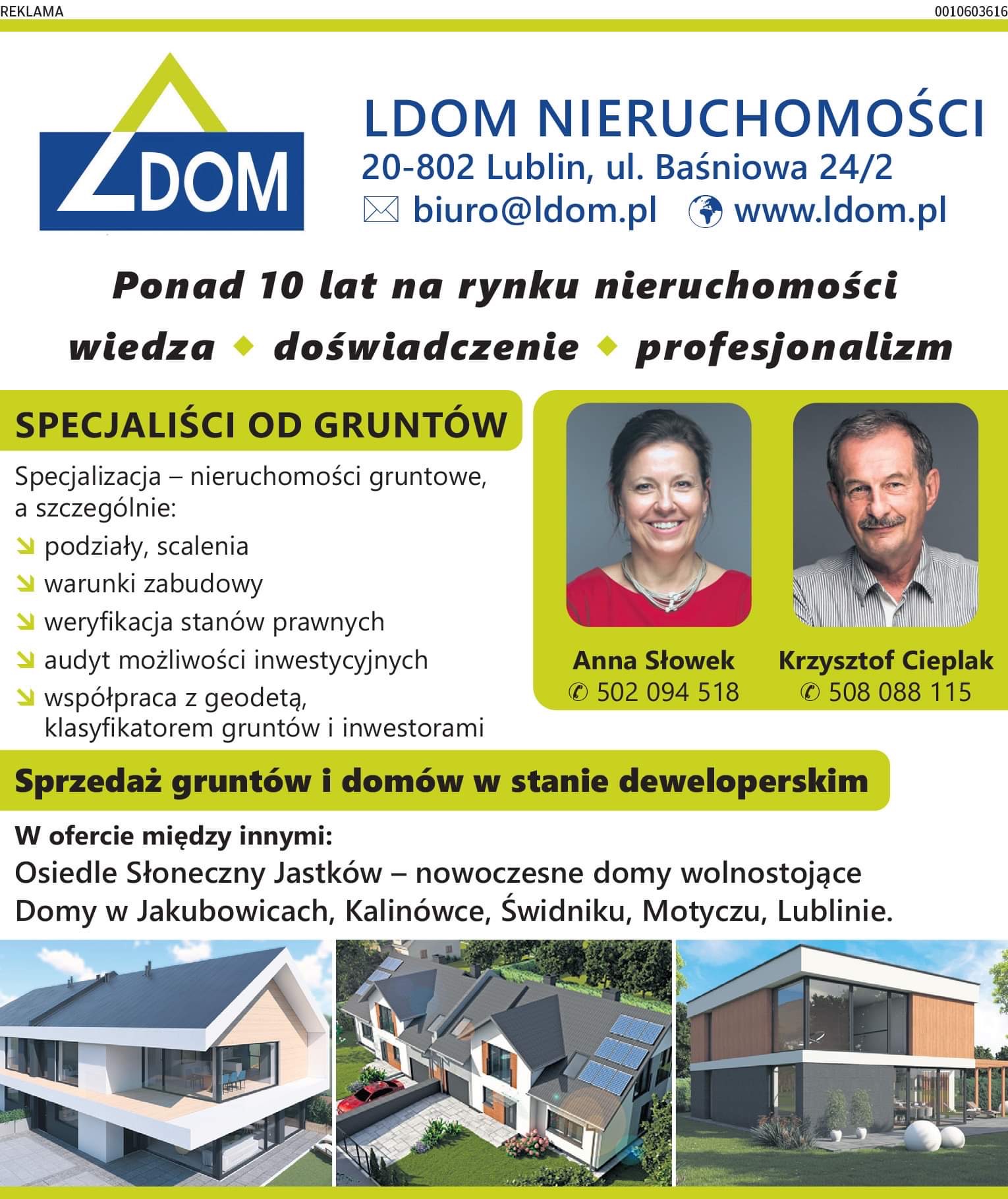 Plakat reklamowy agencji nieruchomości LDOM z Lublina, prezentujący specjalizację w gruntach i domach w stanie deweloperskim, z wizualizacjami nowoczesnych domów wolnostojących w różnych...