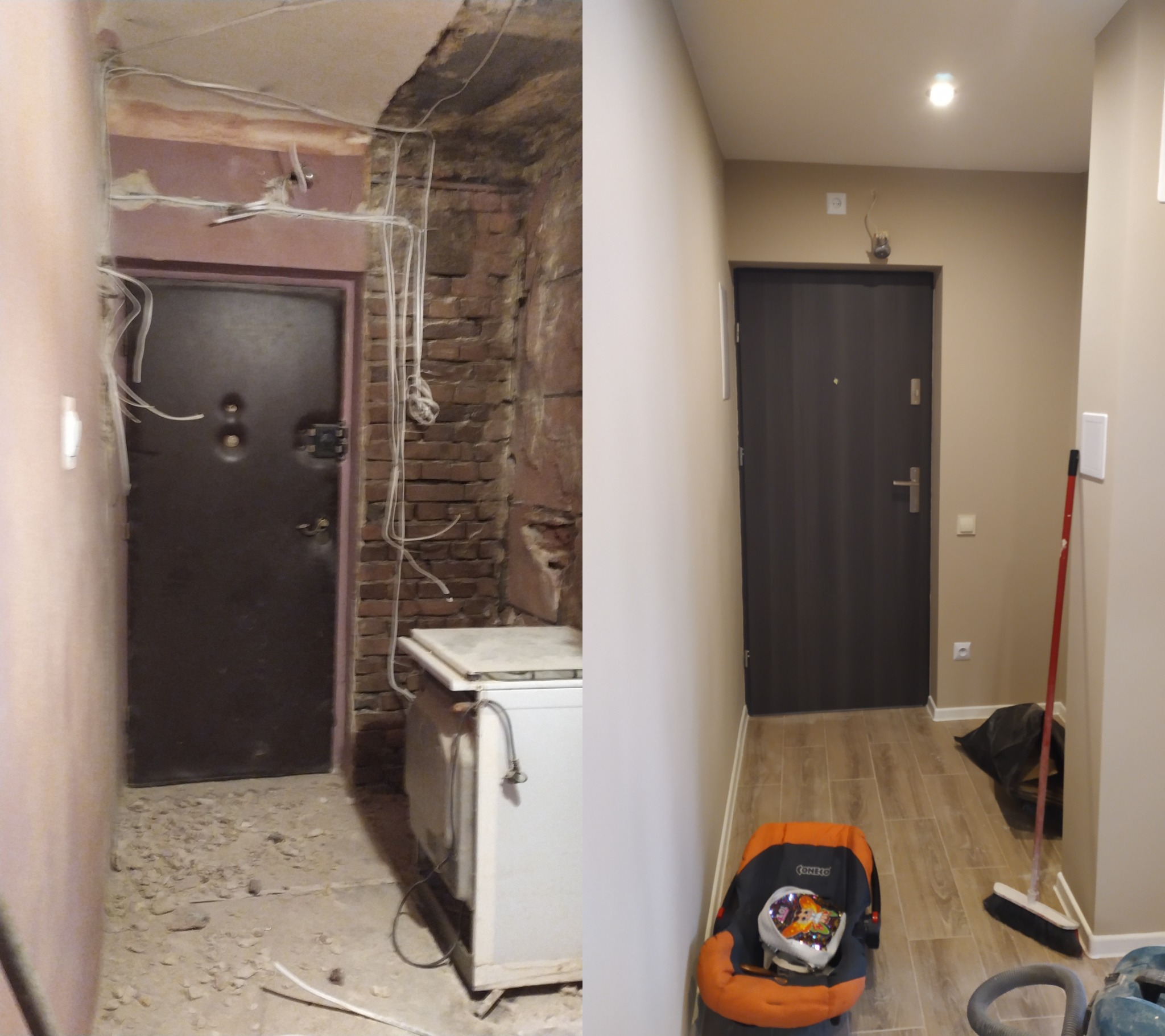 Porównanie stanu korytarza przed i po: surowe ściany z cegły i wiszące kable kontra gładkie ściany w odcieniach beżu, nowa podłoga z paneli i zamontowane drzwi.