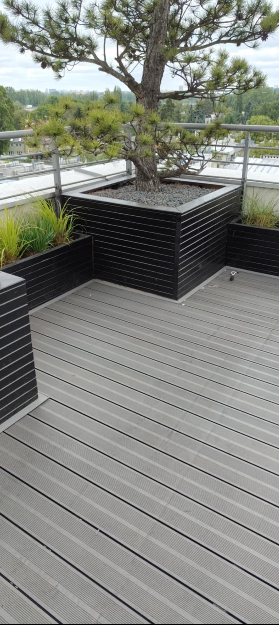 Szary taras z desek kompozytowych na dachu budynku. Donice z drzewami i trawami. Metalowa balustrada. Widok na miasto w tle.