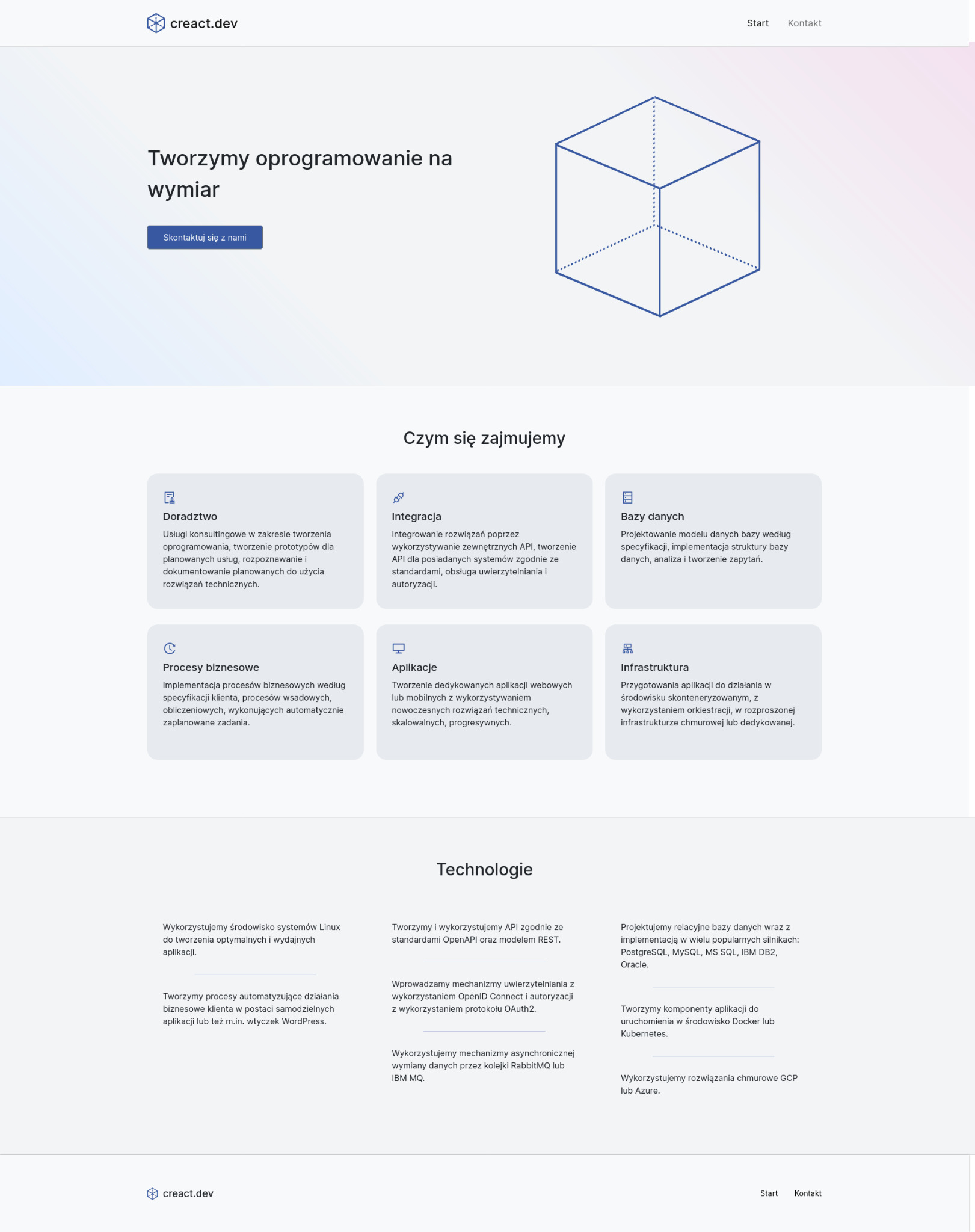 Strona internetowa firmy IT z hasłem 'Tworzymy oprogramowanie na wymiar' i graficzną reprezentacją sześcianu z liniami przerywanymi, prezentująca ofertę doradztwa, integracji, baz danych, procesów...
