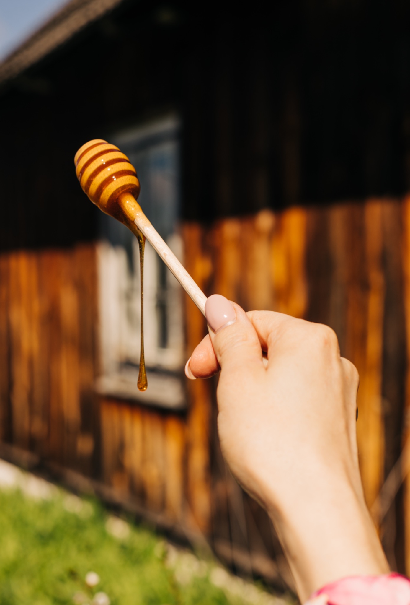 Kobieta trzyma drewniany nabierak do miodu, z którego spływa strużka miodu na tle drewnianego budynku.