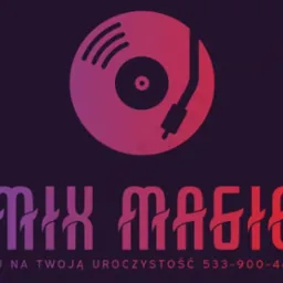 Graficzne logo DJ-a z motywem gramofonu w odcieniach różu i fioletu, napis 'MIX MAGIC' stylizowaną czcionką i numer telefonu na ciemnofioletowym tle.