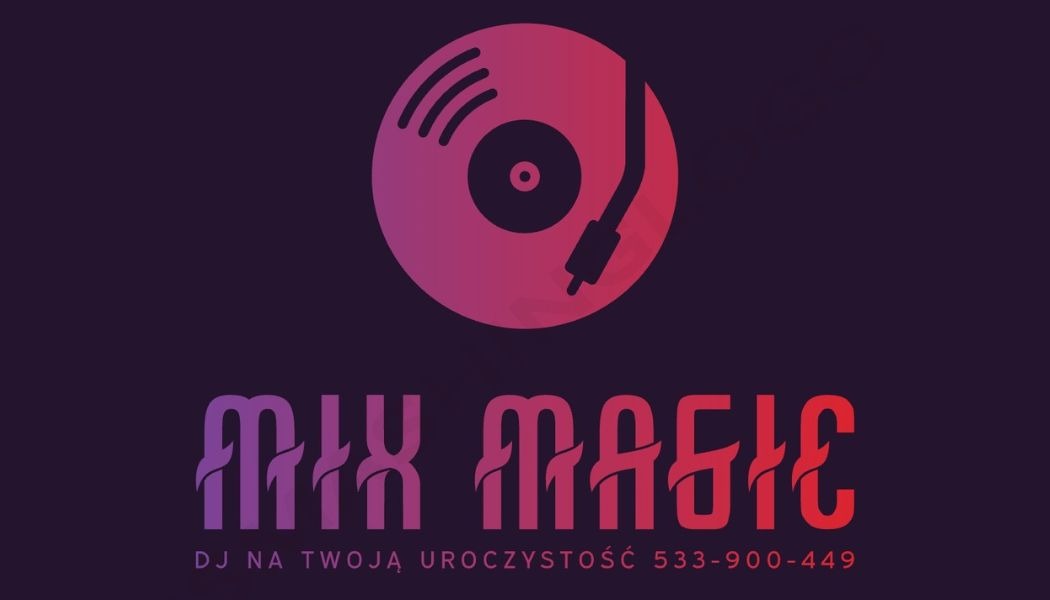 Graficzne logo DJ-a z motywem gramofonu w odcieniach różu i fioletu, napis 'MIX MAGIC' stylizowaną czcionką i numer telefonu na ciemnofioletowym tle.