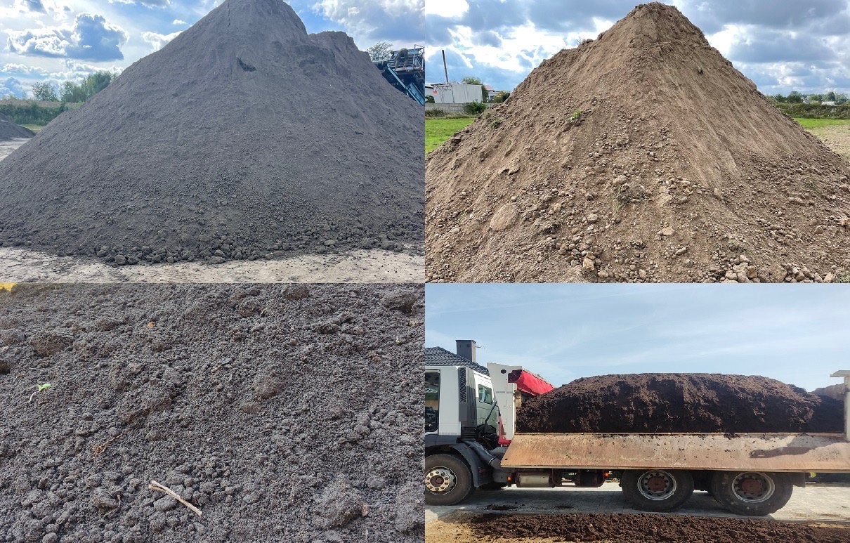 Kompozycja czterech ujęć: dwa przedstawiają pryzmy ziemi o różnej barwie i strukturze, trzecie to zbliżenie ciemnej, gruzełkowatej ziemi, a czwarte ukazuje ciężarówkę z burtami załadowanymi ciemną...