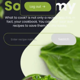 Ekran aplikacji mobilnej z interfejsem wyszukiwania przepisów kulinarnych, widoczne pole wyszukiwania, przycisk 'Search', menu profilu użytkownika i grafika z warzywami.