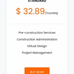 Mobilny widok strony internetowej z ofertą standardową za 32,89 USD miesięcznie, obejmującą usługi przed budową, administrację budowlaną, wirtualny projekt i zarządzanie projektem, z pomarańczowym...