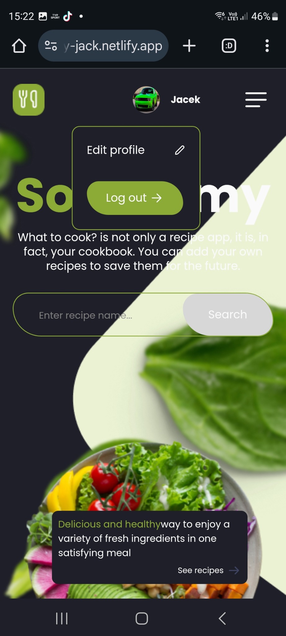 Ekran aplikacji mobilnej z interfejsem wyszukiwania przepisów kulinarnych, widoczne pole wyszukiwania, przycisk 'Search', menu profilu użytkownika i grafika z warzywami.