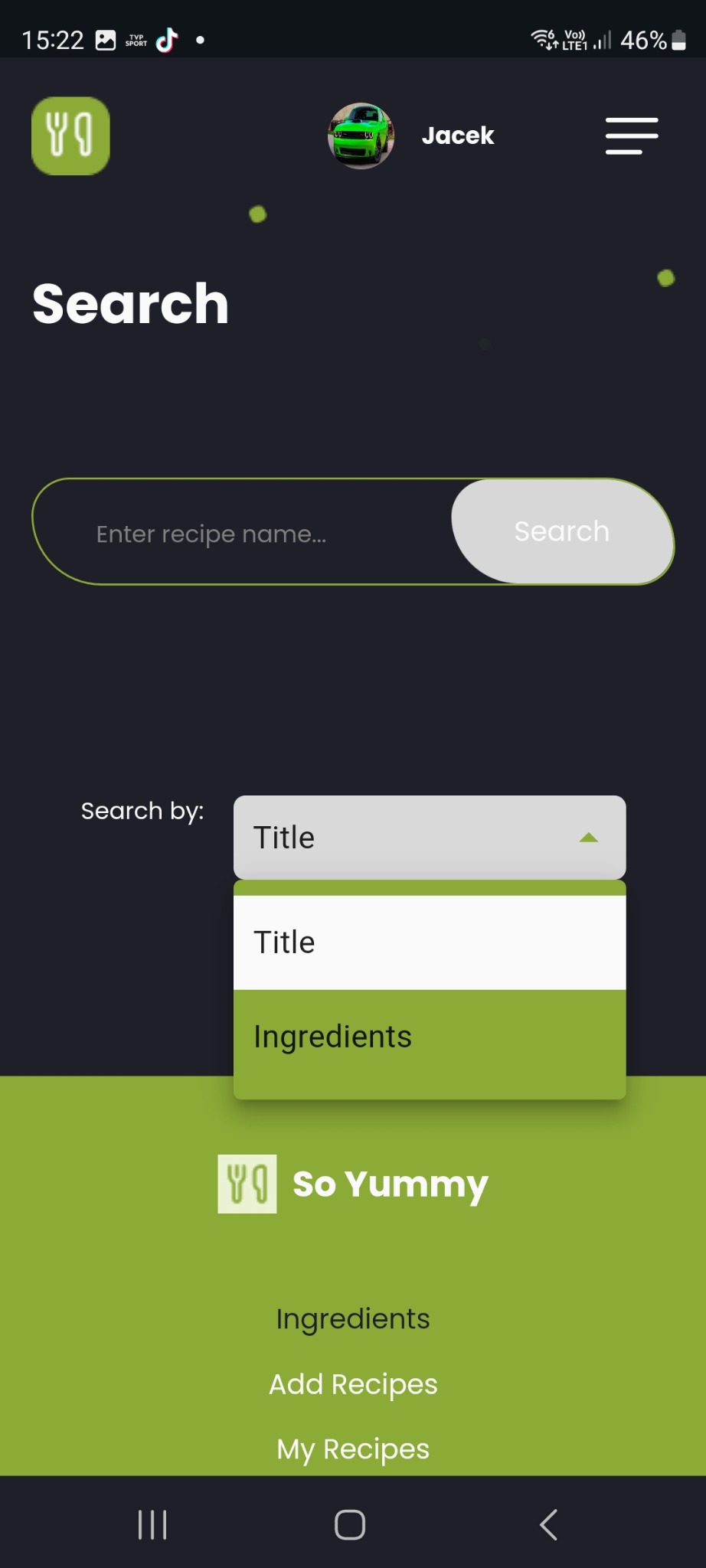 Zrzut ekranu interfejsu mobilnej aplikacji kulinarnej So Yummy z otwartym menu wyszukiwania przepisów, gdzie użytkownik może wybrać wyszukiwanie po tytule lub składnikach.
