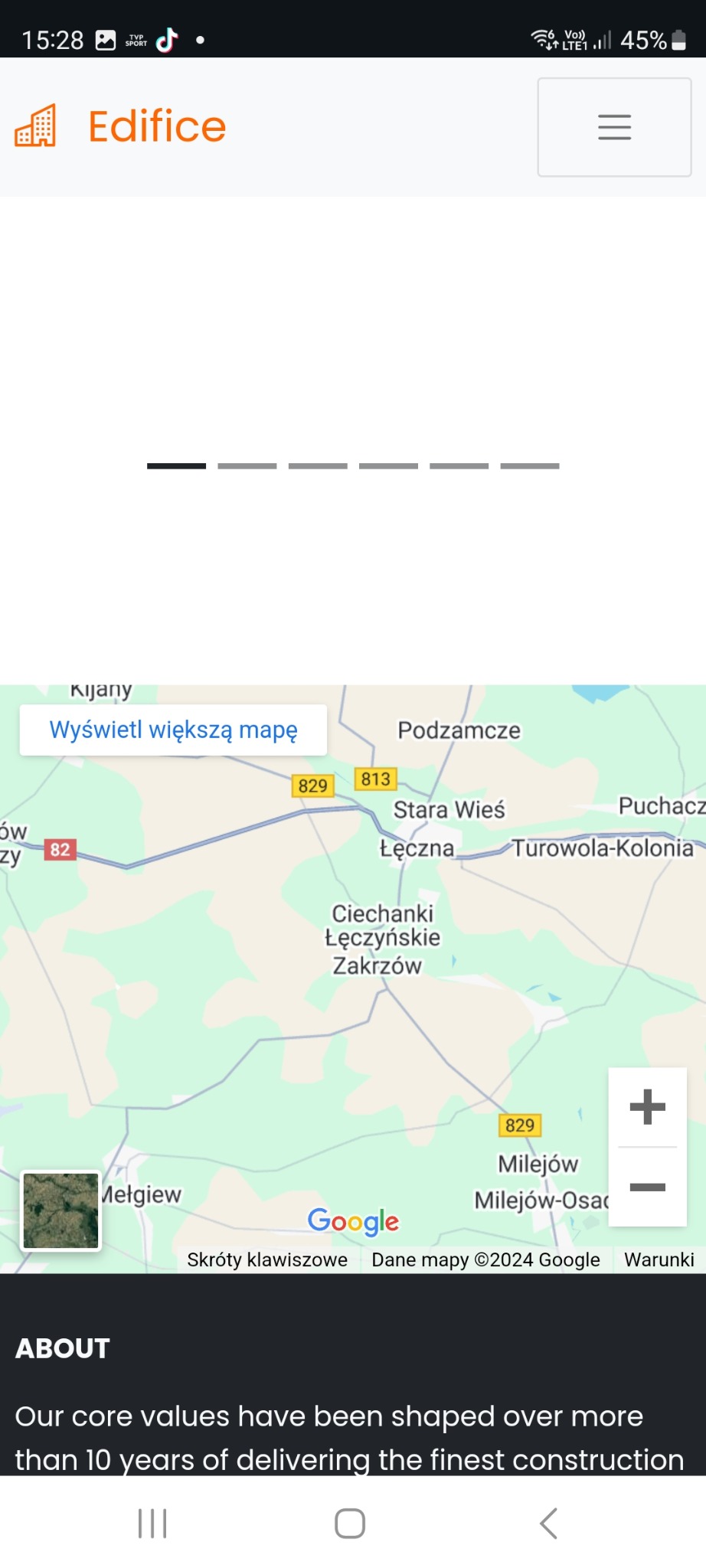 Strona internetowa firmy Edifice z Łęcznej wyświetlająca mapę z lokalizacją firmy.