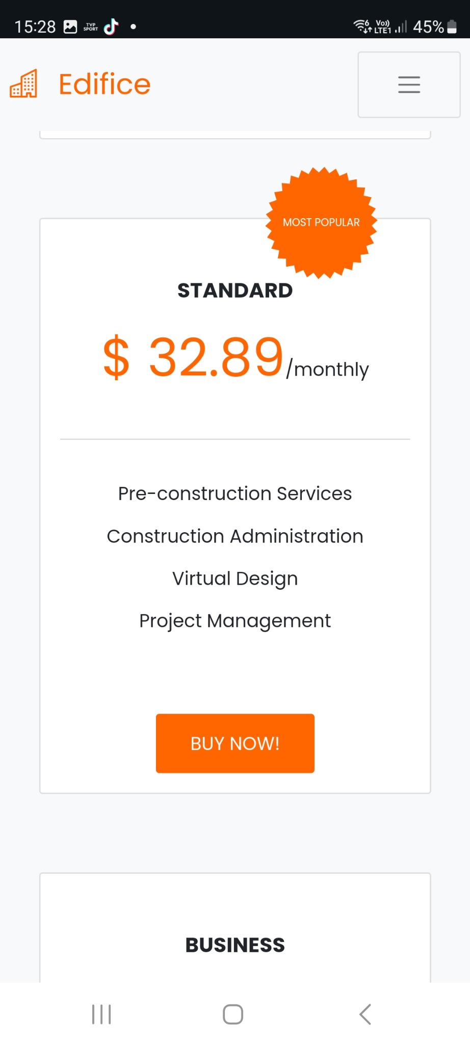Mobilny widok strony internetowej z ofertą standardową za 32,89 USD miesięcznie, obejmującą usługi przed budową, administrację budowlaną, wirtualny projekt i zarządzanie projektem, z pomarańczowym...