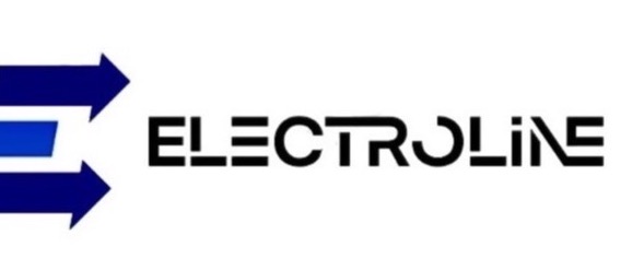 Logo firmy Electroline z trzema niebieskimi strzałkami po lewej stronie i czarnym napisem Electroline po prawej na białym tle.