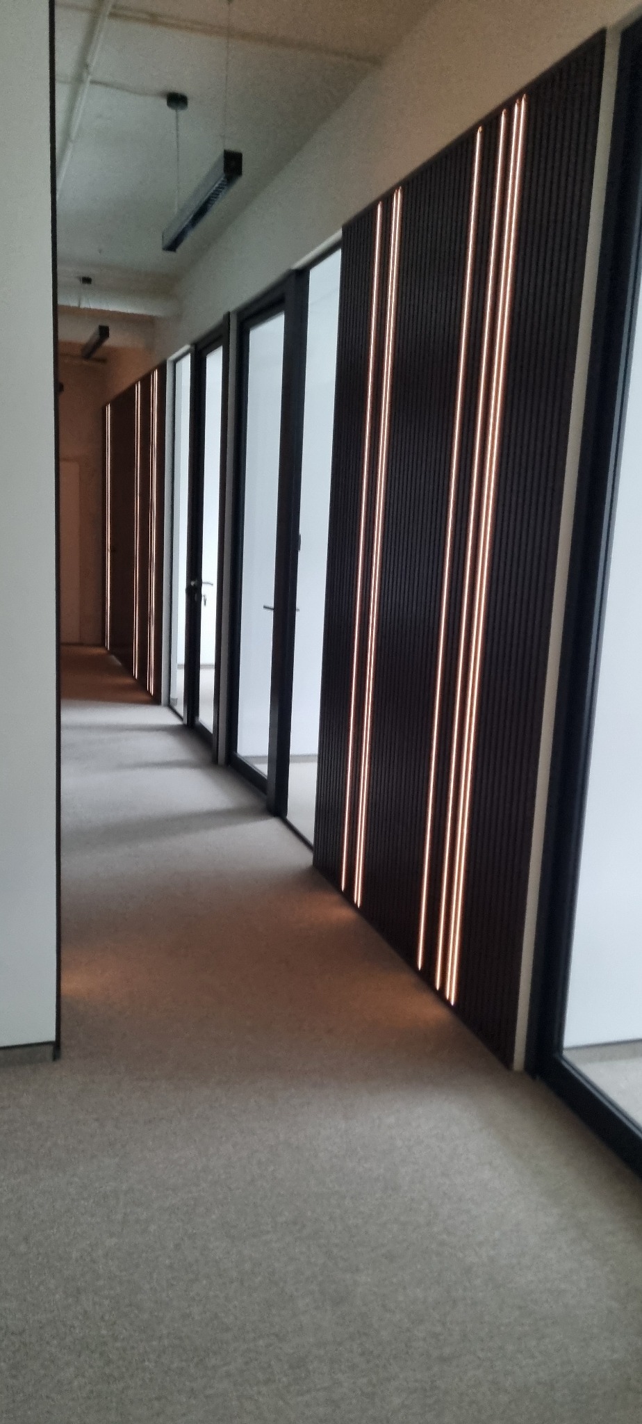 Korytarz biurowy z panelami ściennymi z podświetleniem LED. Widok w perspektywie, ukazujący ciąg paneli i drzwi. Stonowana kolorystyka, nowoczesny design.