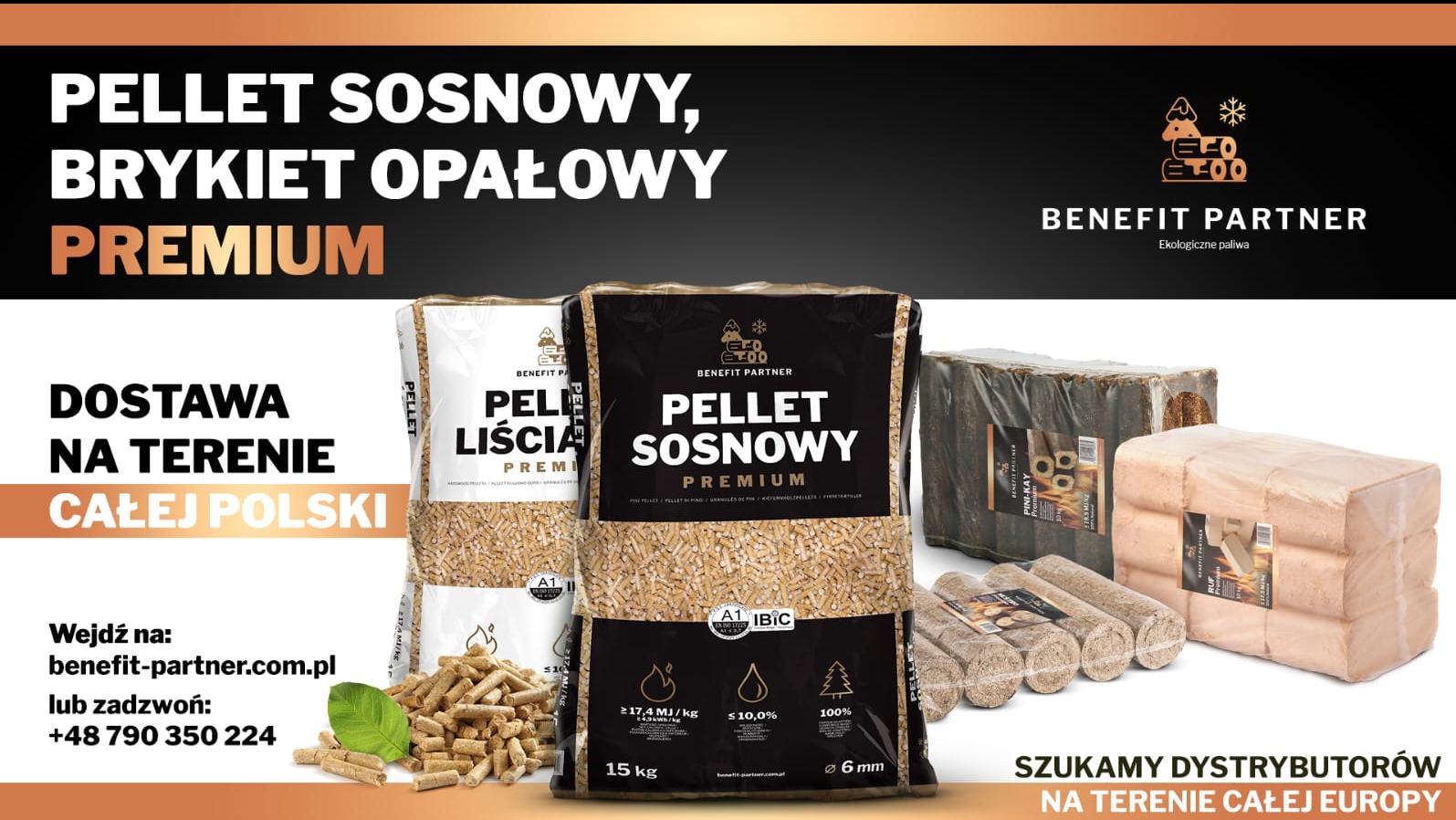 Pellet sosnowy i liściasty premium, brykiet opałowy RUF i Pini-Kay. Dostawa na terenie całej Polski. Benefit Partner - ekologiczne paliwa.