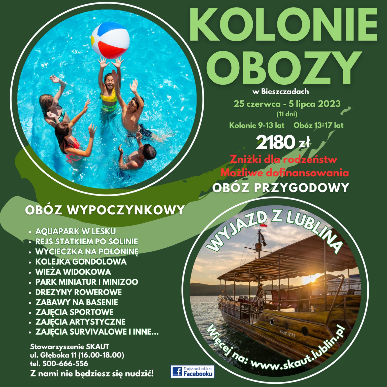 Plakat reklamowy kolonii i obozów w Bieszczadach z wyjazdem z Lublina, oferujący atrakcje takie jak aquapark, rejs statkiem, wycieczka na połoninę, kolejka gondolowa, wieża widokowa, park miniatur...