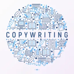 Ilustracja wektorowa przedstawiająca słowo 'COPYWRITING' otoczone ikonami związanymi z pisaniem, takimi jak pióra, książki, laptopy, klawiatury, gazety i ołówki, wszystko w odcieniach niebieskiego...