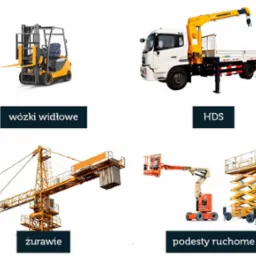 Kompilacja różnych maszyn budowlanych: wózek widłowy, HDS, żuraw budowlany i podnośniki koszowe na białym tle.