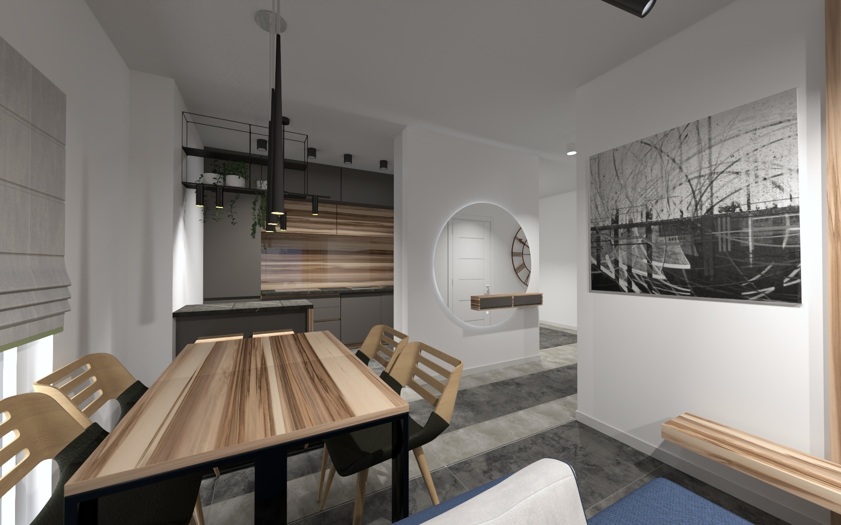 Wizualizacja wnętrza: jadalnia z drewnianym stołem i krzesłami, otwarta na kuchnię z szarymi szafkami i drewnianym panelem, okrągłe lustro w przedpokoju, obraz na ścianie.