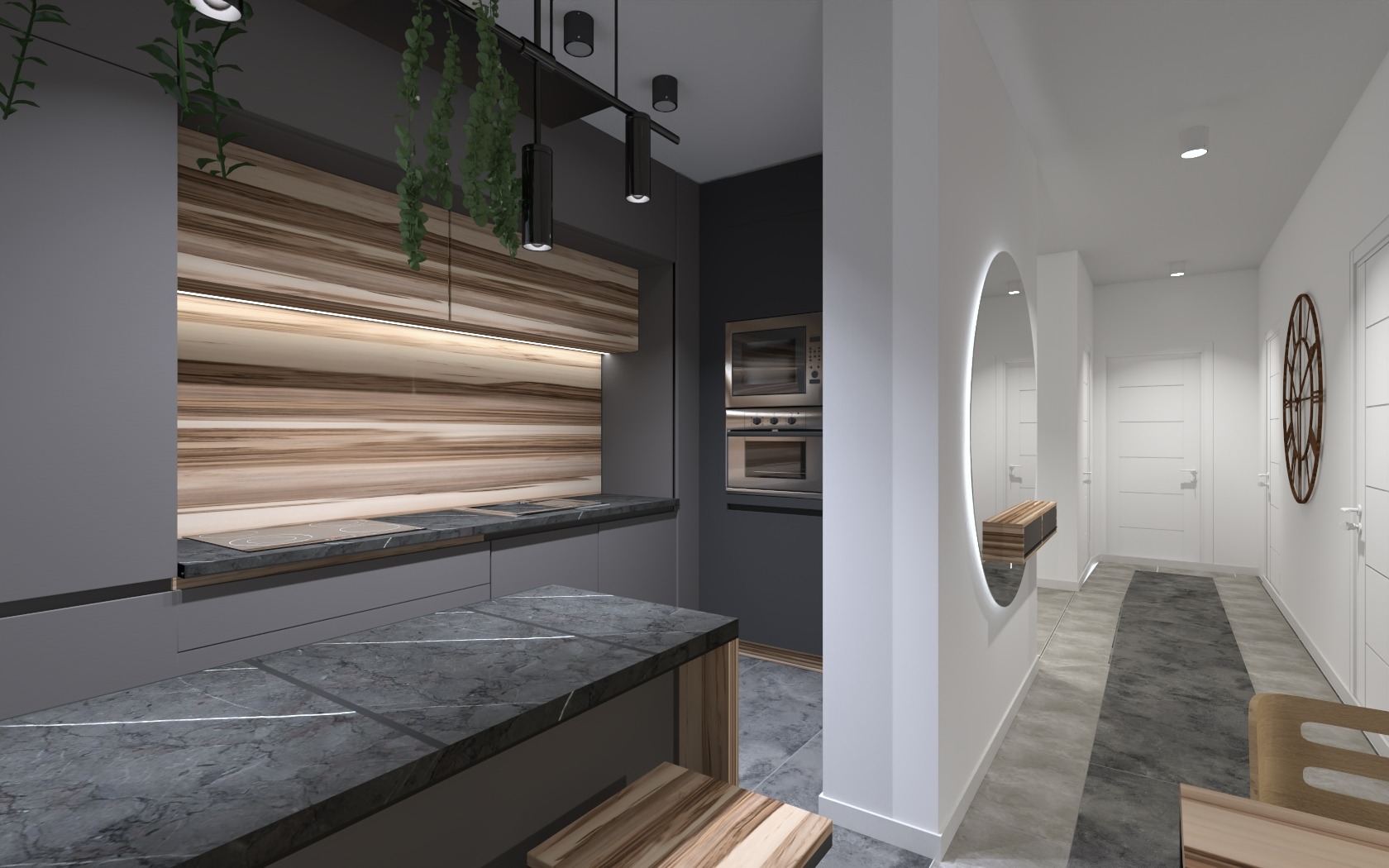 Wizualizacja nowoczesnej kuchni z wyspą i marmurowym blatem, drewnianymi akcentami oraz roślinami zwisającymi z sufitu, widok na przedpokój z okrągłym lustrem i drewnianą konsolą.