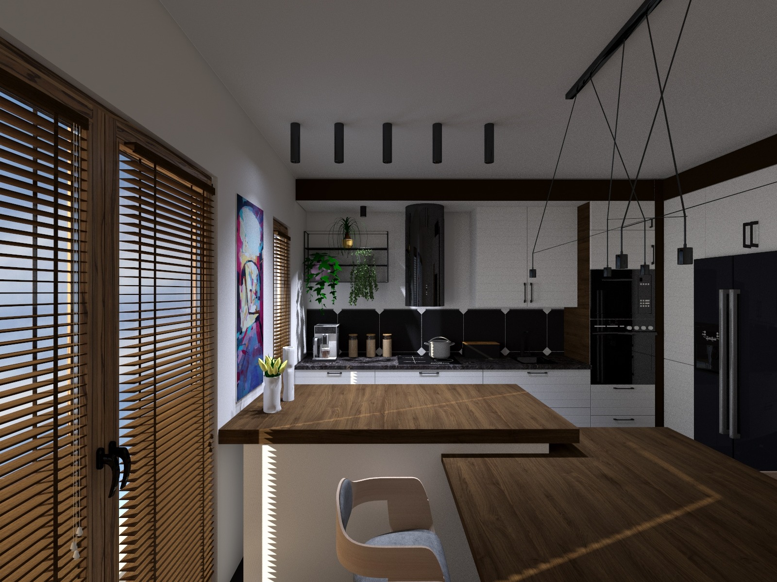 Wizualizacja nowoczesnej kuchni z drewnianym blatem barowym, czarno-białymi szafkami i oknem z drewnianymi żaluzjami, oświetlona wiszącymi lampami.