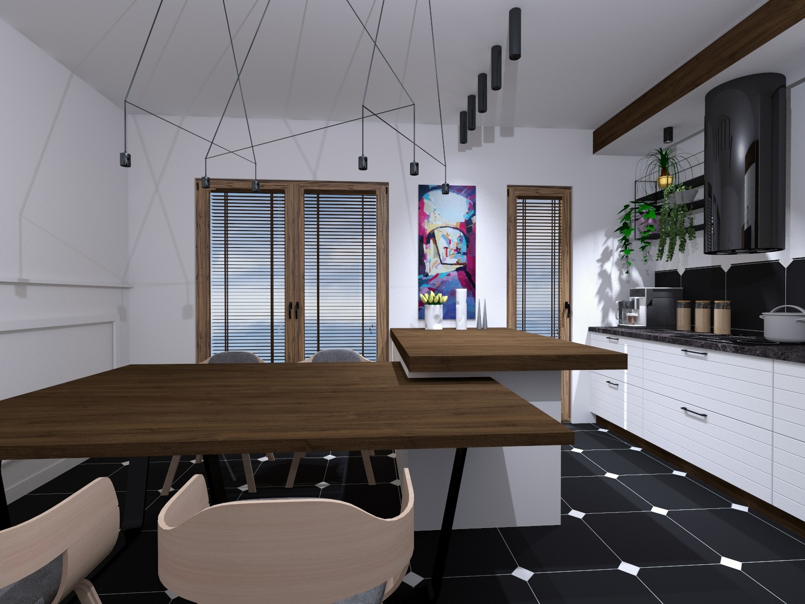Wizualizacja nowoczesnej kuchni z dużym drewnianym stołem, czarno-białą podłogą w romby, białymi szafkami kuchennymi i abstrakcyjnym obrazem na ścianie.