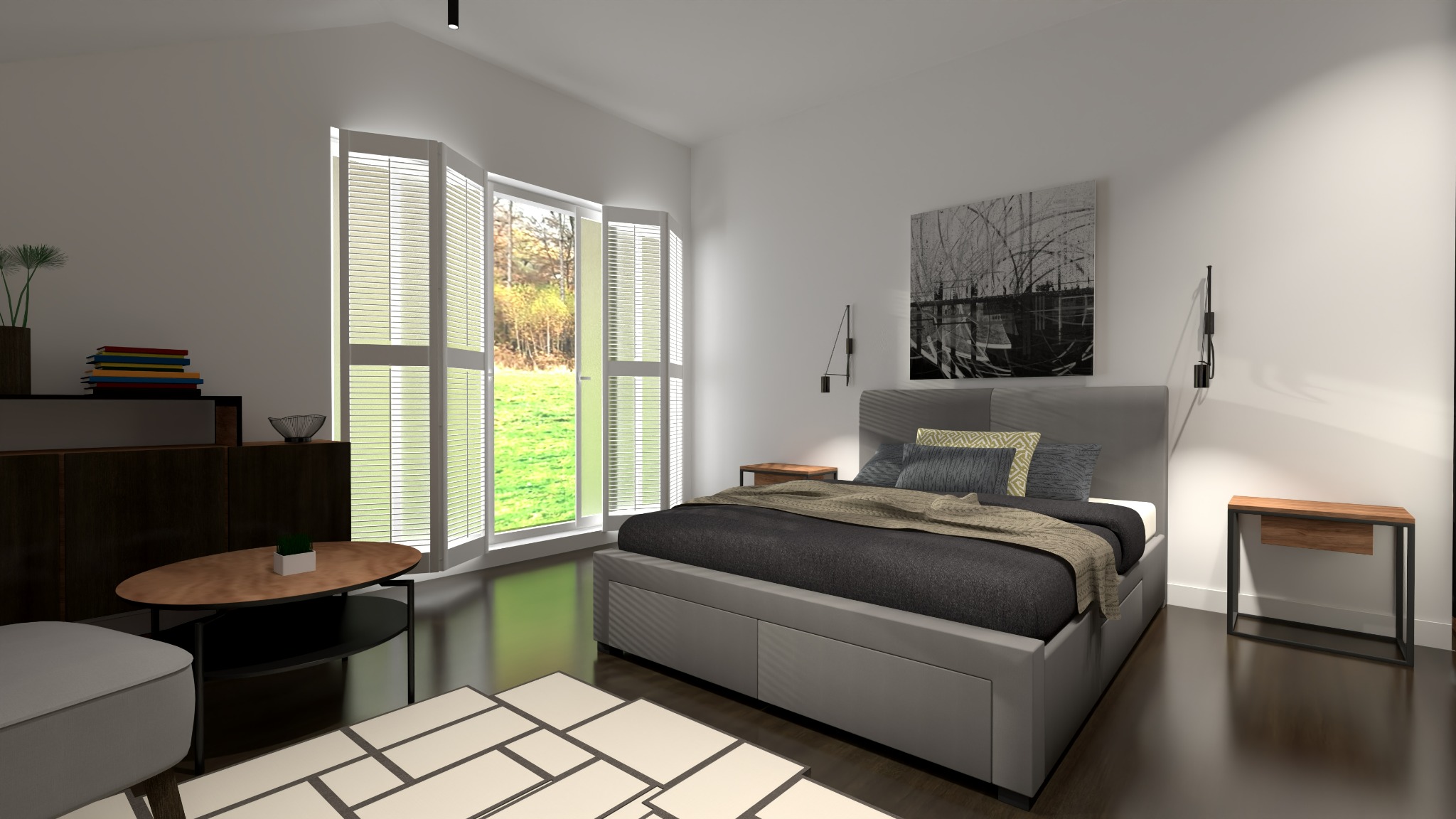 Nowoczesna sypialnia z dużym łóżkiem na tle okna z żaluzjami, minimalistyczny stolik kawowy i grafika na ścianie.