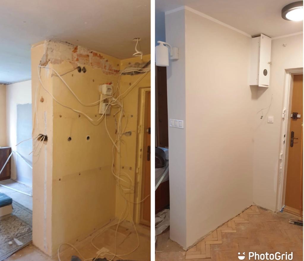 Porównanie stanu ściany przed i po: od odsłoniętej cegły i przewodów do gładkiej, pomalowanej powierzchni w jasnym odcieniu, widoczne gniazdka elektryczne i fragment parkietu.