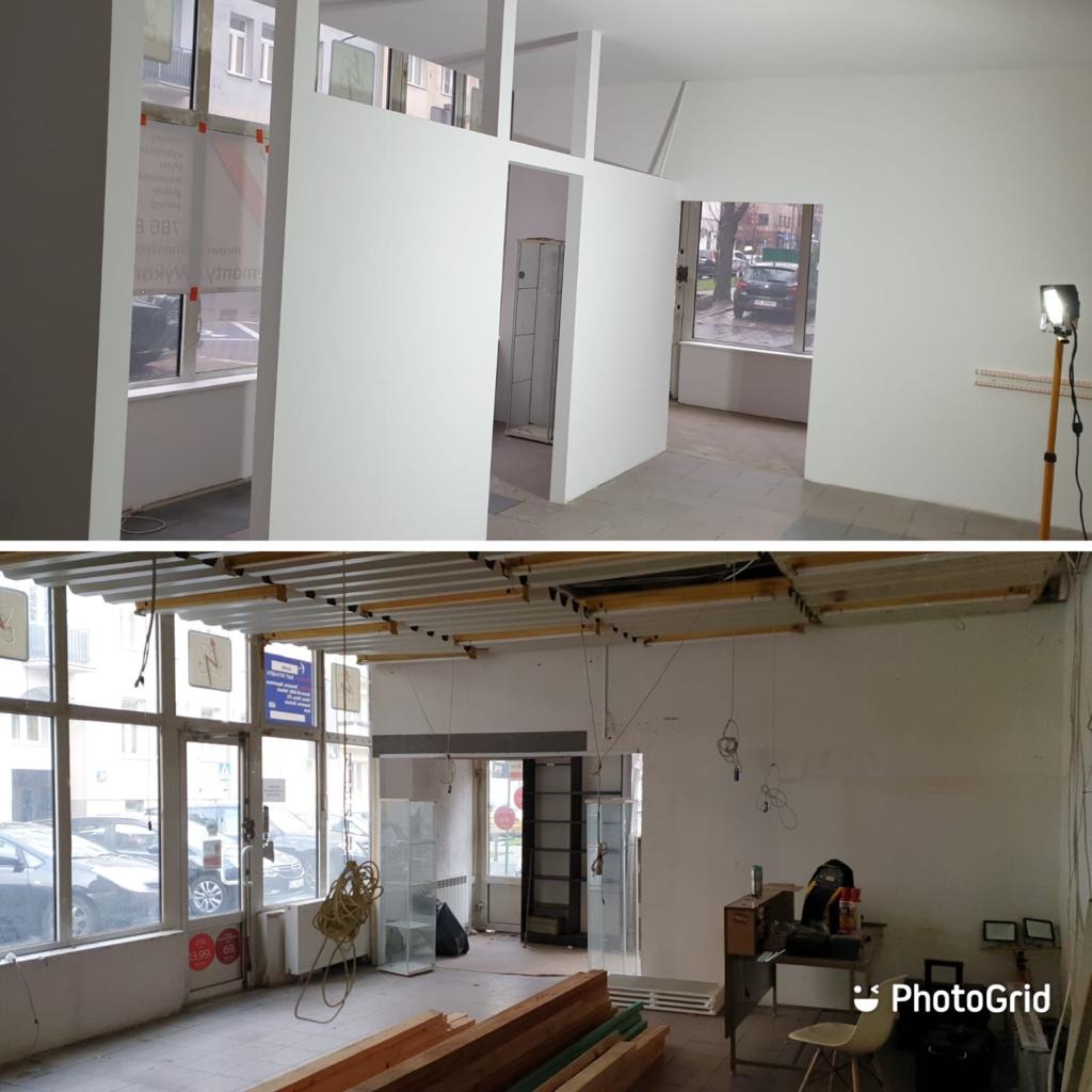 Dwuobrazowe ujęcie wnętrza w trakcie remontu: górna część przedstawia postawione ścianki działowe z płyty karton gips w pomalowanym na biało pomieszczeniu, dolna część ukazuje surowy stan lokalu...