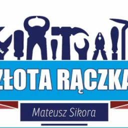 Logo firmy 'Złota Rączka' z sylwetkami narzędzi, nazwa firmy i imię właściciela Mateusz Sikora na białym tle.