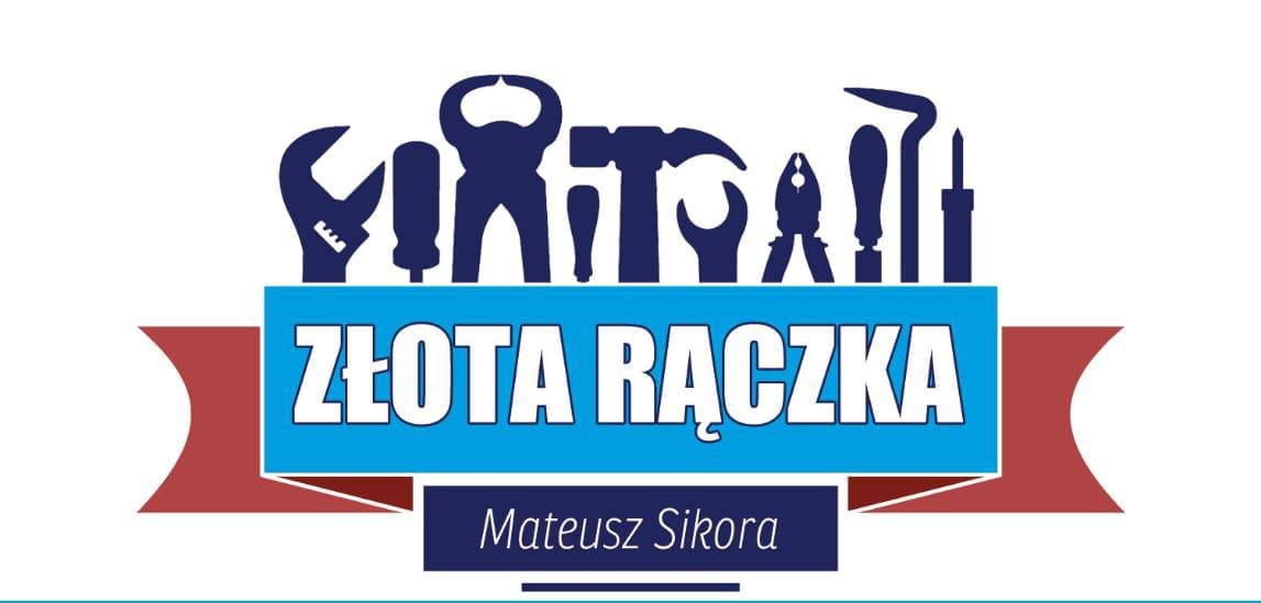 Logo firmy 'Złota Rączka' z sylwetkami narzędzi, nazwa firmy i imię właściciela Mateusz Sikora na białym tle.