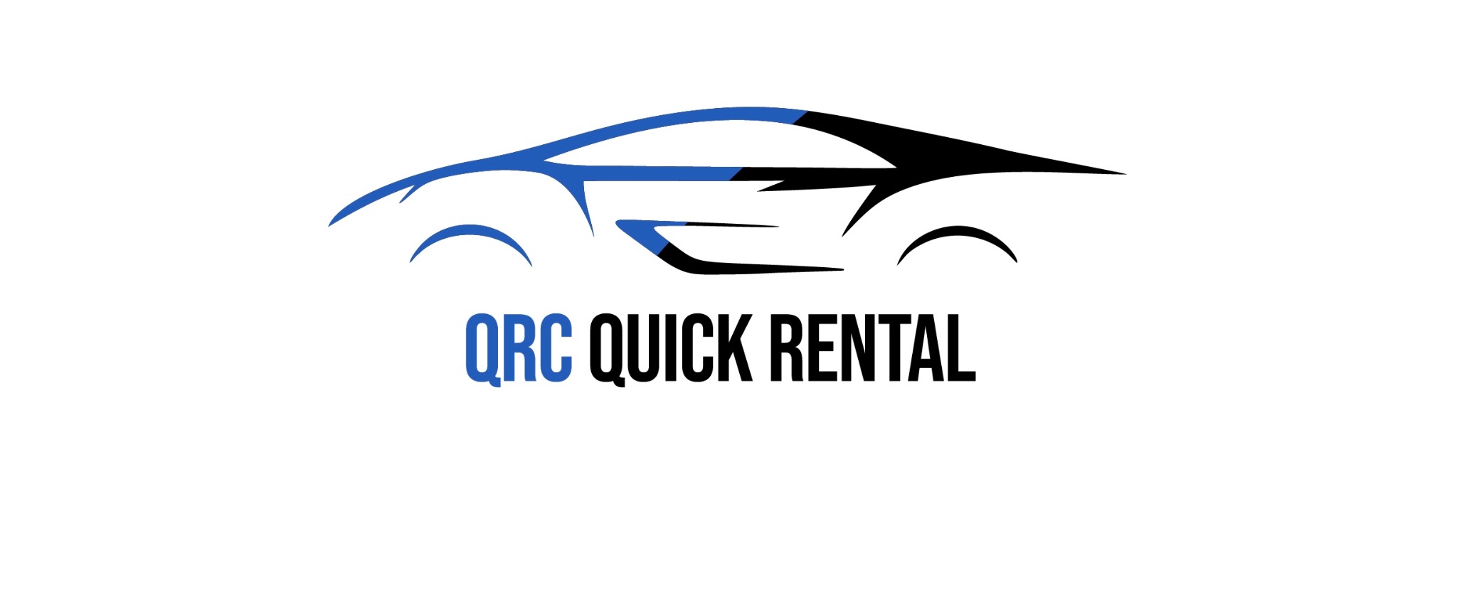 Logo firmy QRC Quick Rental z graficznym przedstawieniem zarysu samochodu w kolorze niebiesko-czarnym na białym tle.