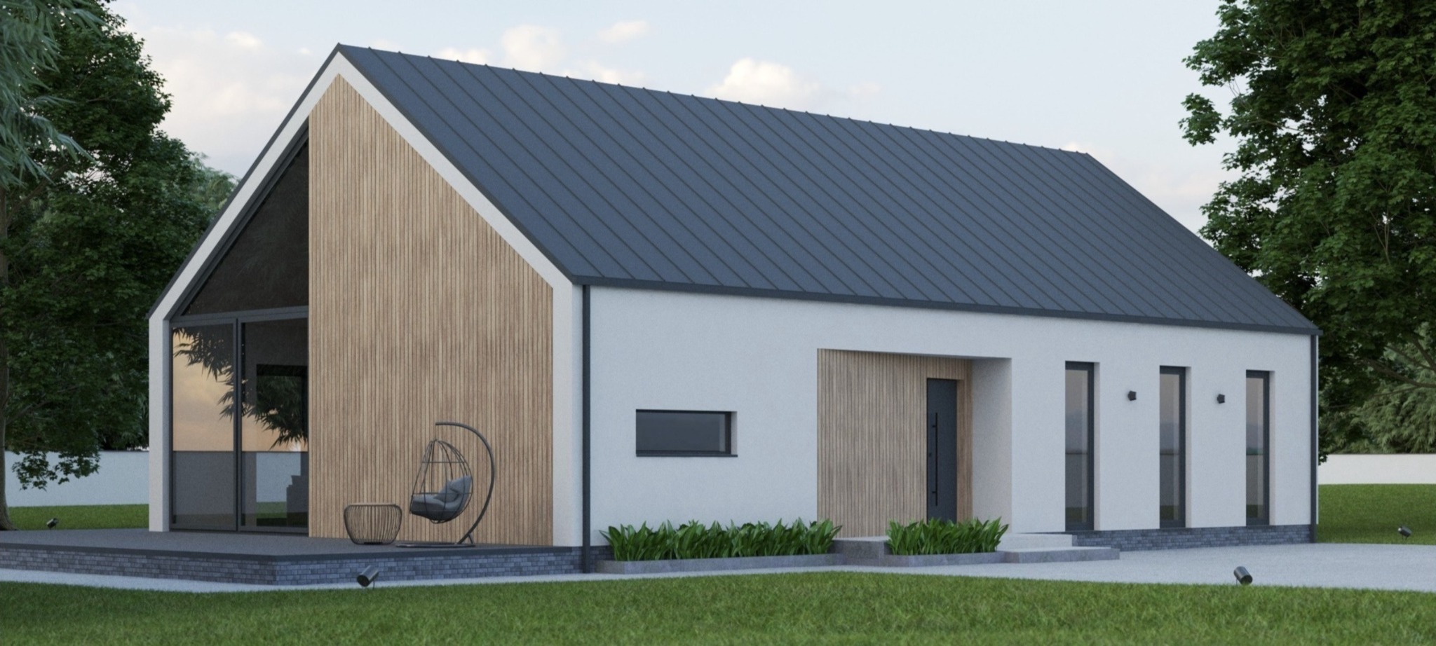 Wizualizacja nowoczesnego domu jednorodzinnego z szarą dachówką, białymi ścianami i elementami drewnianej elewacji, z dużymi przeszkleniami i wiszącym fotelem na tarasie.