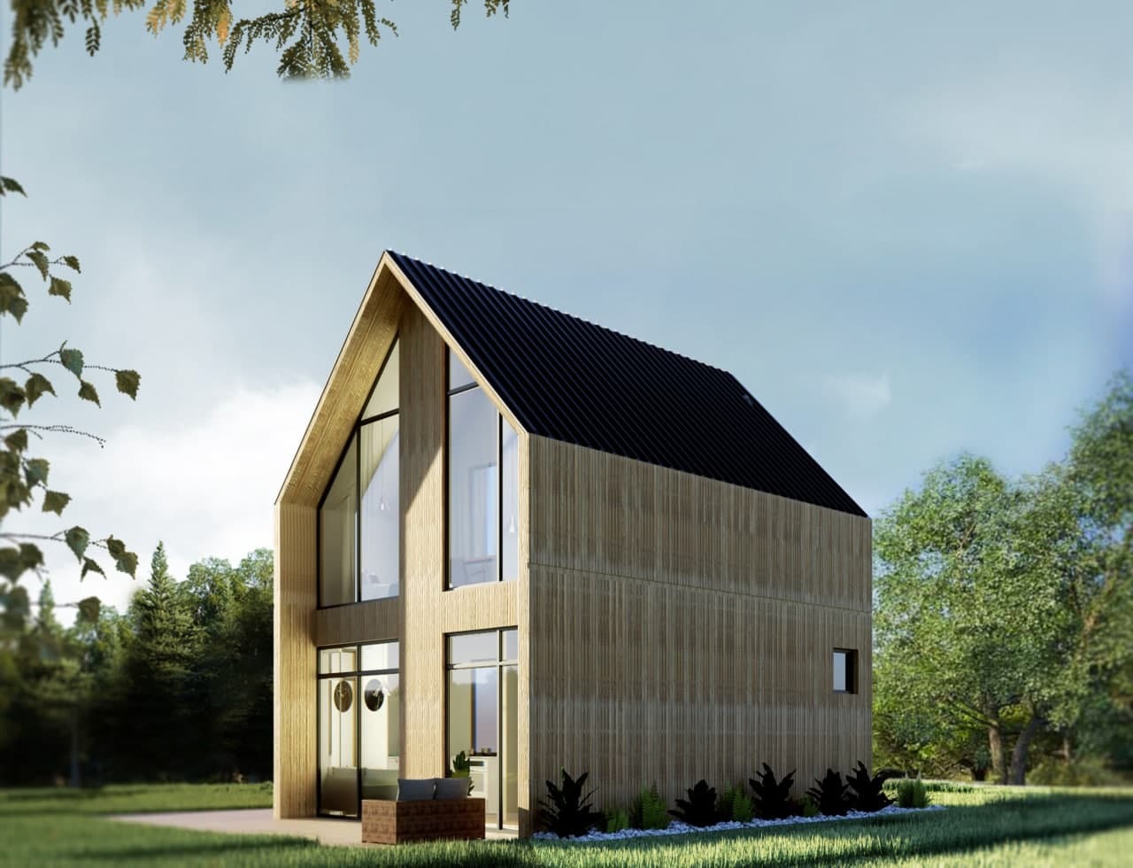 Wizualizacja nowoczesnego domu z drewnianą elewacją i dużymi oknami, czarny dach dwuspadowy, otoczenie zieleni, widok z poziomu trawnika.