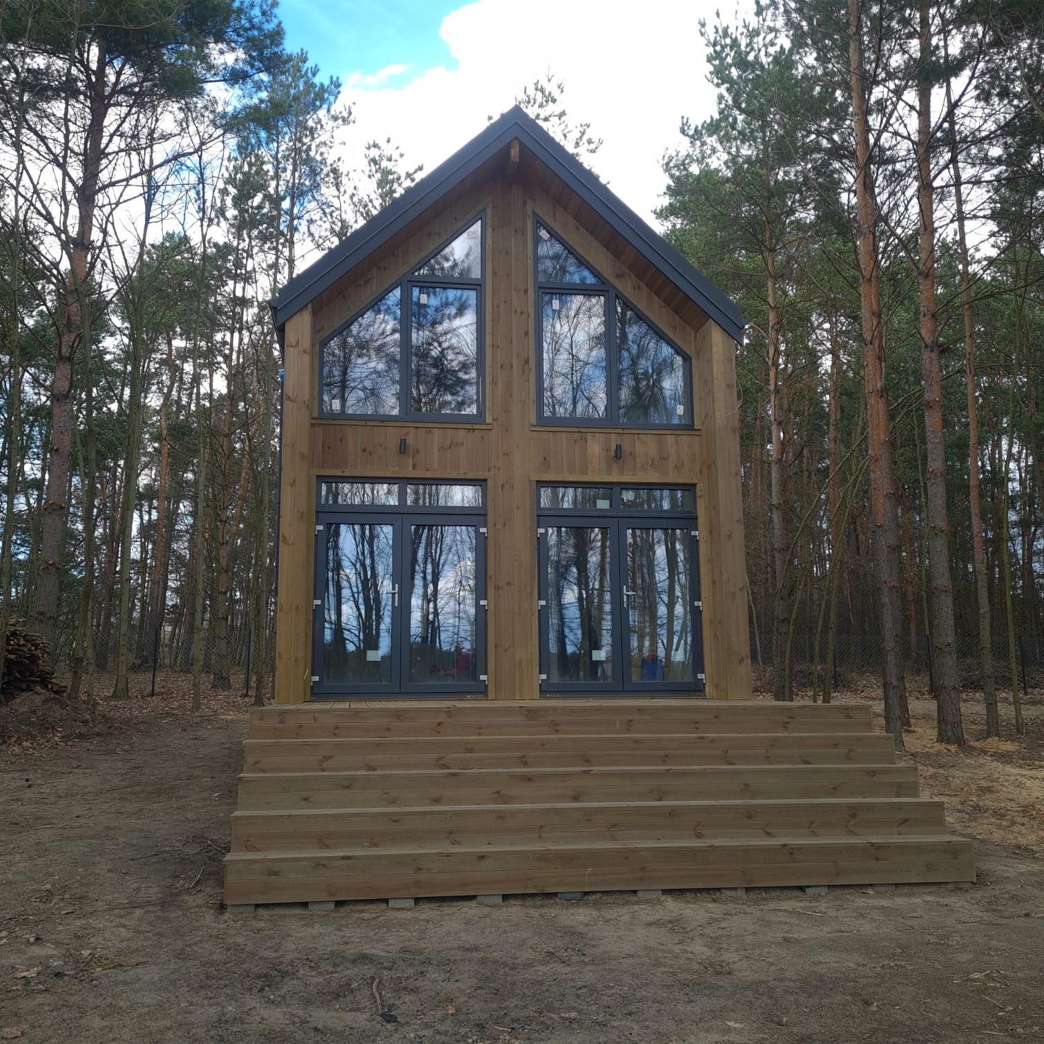 Nowoczesny dom szkieletowy z drewnianą elewacją i schodami wejściowymi na tle leśnego krajobrazu