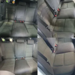 Czteropanelowe ujęcie tylnej kanapy samochodowej: górny rząd pokazuje zabrudzenia przed czyszczeniem, dolny rząd prezentuje odświeżoną tapicerkę po praniu.