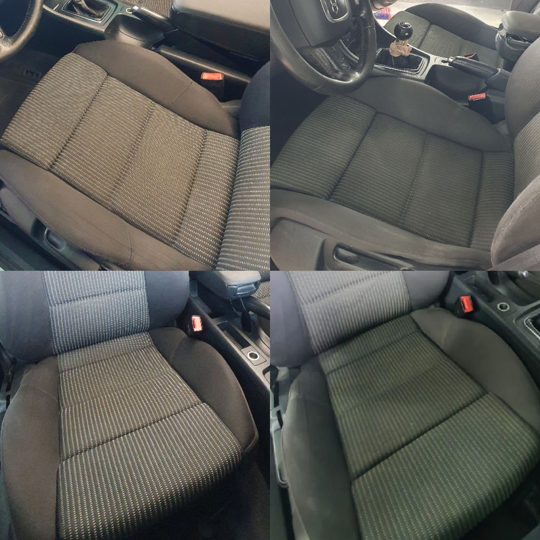 Cztery zbliżenia na wyczyszczone, szare, tekstylne siedzenia samochodowe marki Audi, widoczne detale wzoru tkaniny i elementy wnętrza auta.