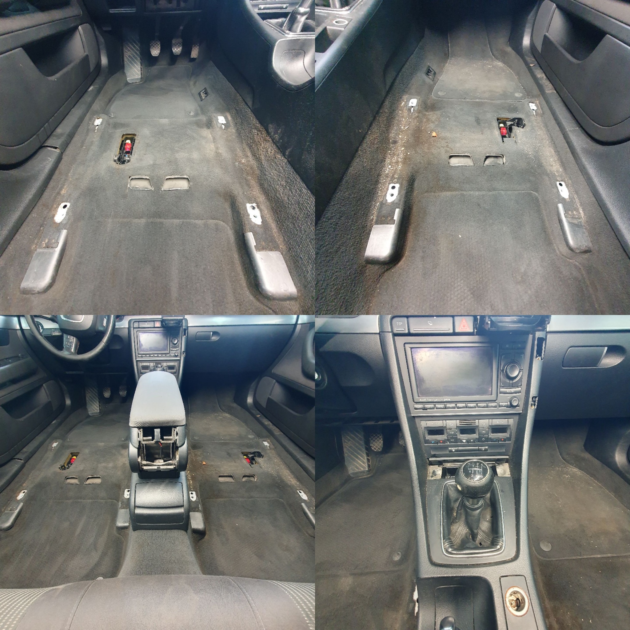 Wnętrze samochodu przed czyszczeniem tapicerki podłogowej, widoczne zdemontowane elementy konsoli środkowej i siedzeń, odsłaniające zabrudzoną wykładzinę.