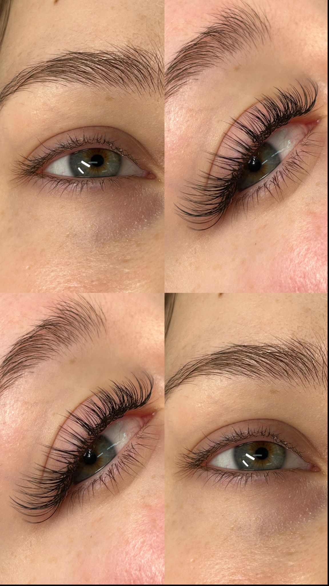 Zbliżenie na oko z przedłużonymi rzęsami, widoczne różnice w wyglądzie rzęs przed i po zabiegu, prezentowane w formie kolażu czterech ujęć.