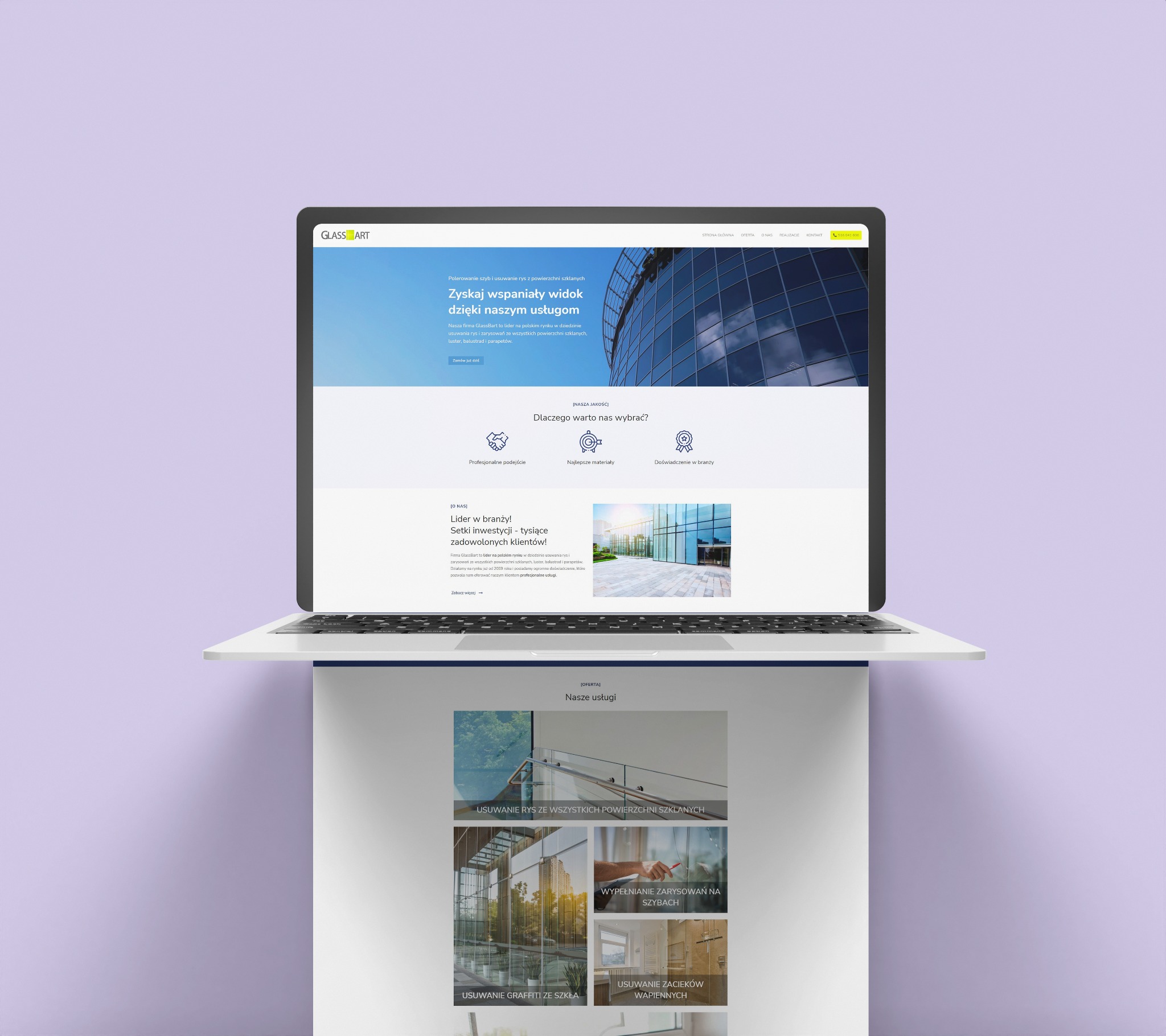 Strona internetowa dla firmy Glassbart zajmującej się polerowaniem powierzchni szklanych.